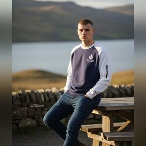 Scotland Men's Navy and Cream Crewneck Sweater